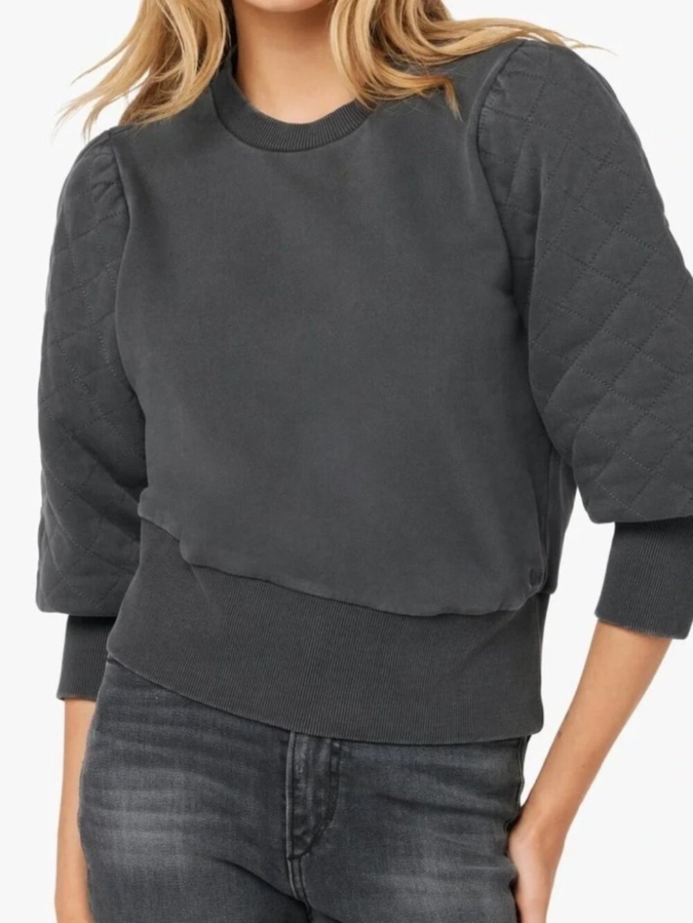 ANDREA'S LOOKBOOK X JOE'S JEANS DREW BLACK WASHED QUILTED PUFF SLEEVE SWEATSHIRT